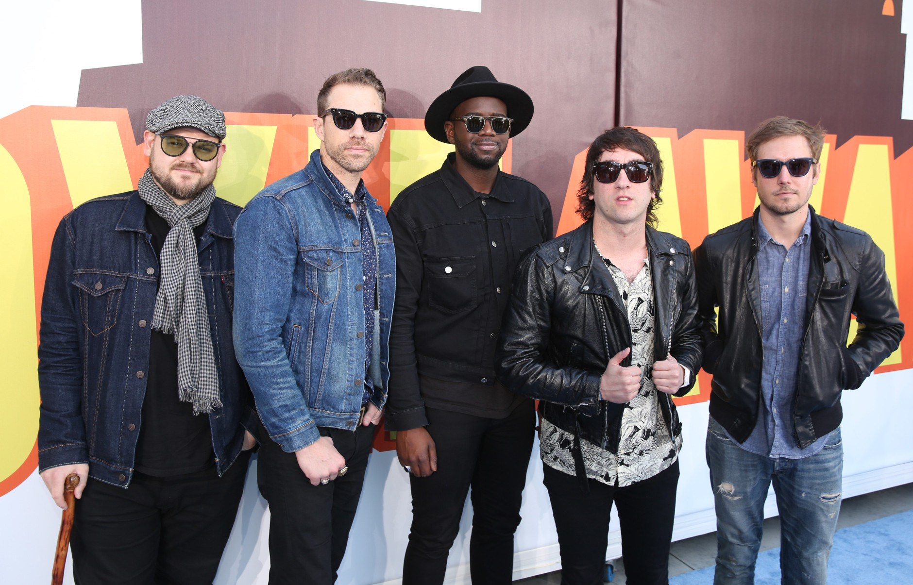 Mike Retondo, and from left, Tim Lopez, De'Mar Hamilton, Tom Higgenson, and Dave Tirio of the musical group Plain White T's arrive at the MTV Movie Awards at the Nokia Theatre on Sunday, April 12, 2015, in Los Angeles. (Photo by Matt Sayles/Invision/AP)