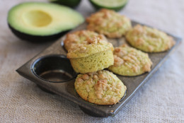 This April 13, 2015 photo shows lime and avacado streusel mini muffins in Concord, N.H. Avocados are bursting with healthy fats that satisfy, as well as fiber that fills you up. They  also can be used in baked goods in place of other fats. (AP Photo/Matthew Mead)