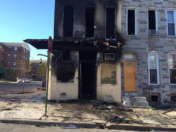 Charred buildings such as this are all over West Baltimore April 28, 2015. (WTOP/Nick Iannelli)
