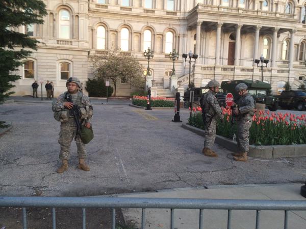 Soldiers guard City Hall in Baltimore on Wednesday, April 29, 2015. (WTOP/Nick Iannelli)