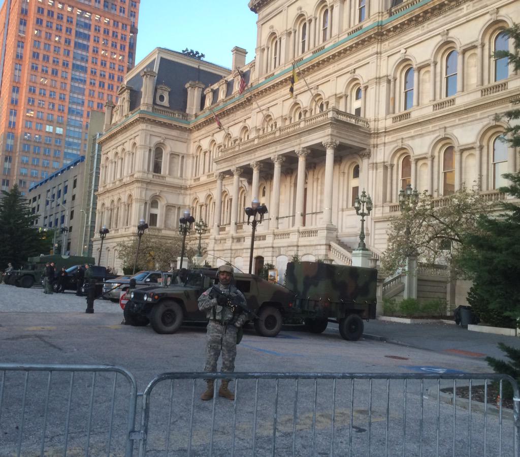 The scene in front of Baltimore City Hall on the morning of Wednesday, April 29, 2015. (WTOP/Nick Iannelli)