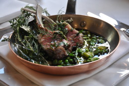 The Shenandoah kosher rack of lamb is served with fava and peas, which are now in season. (WTOP/Rachel Nania) 