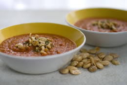 In this Jan. 9, 2012 image taken in Concord, N.H., marcona almonds top a bowl of  sweet tomato sweet potato soup. an entirely different flavor and texture than the more common California almond. These wide, teardrop shaped treats are the filet mignon of the nut world. (AP Photo/Matthew Mead)