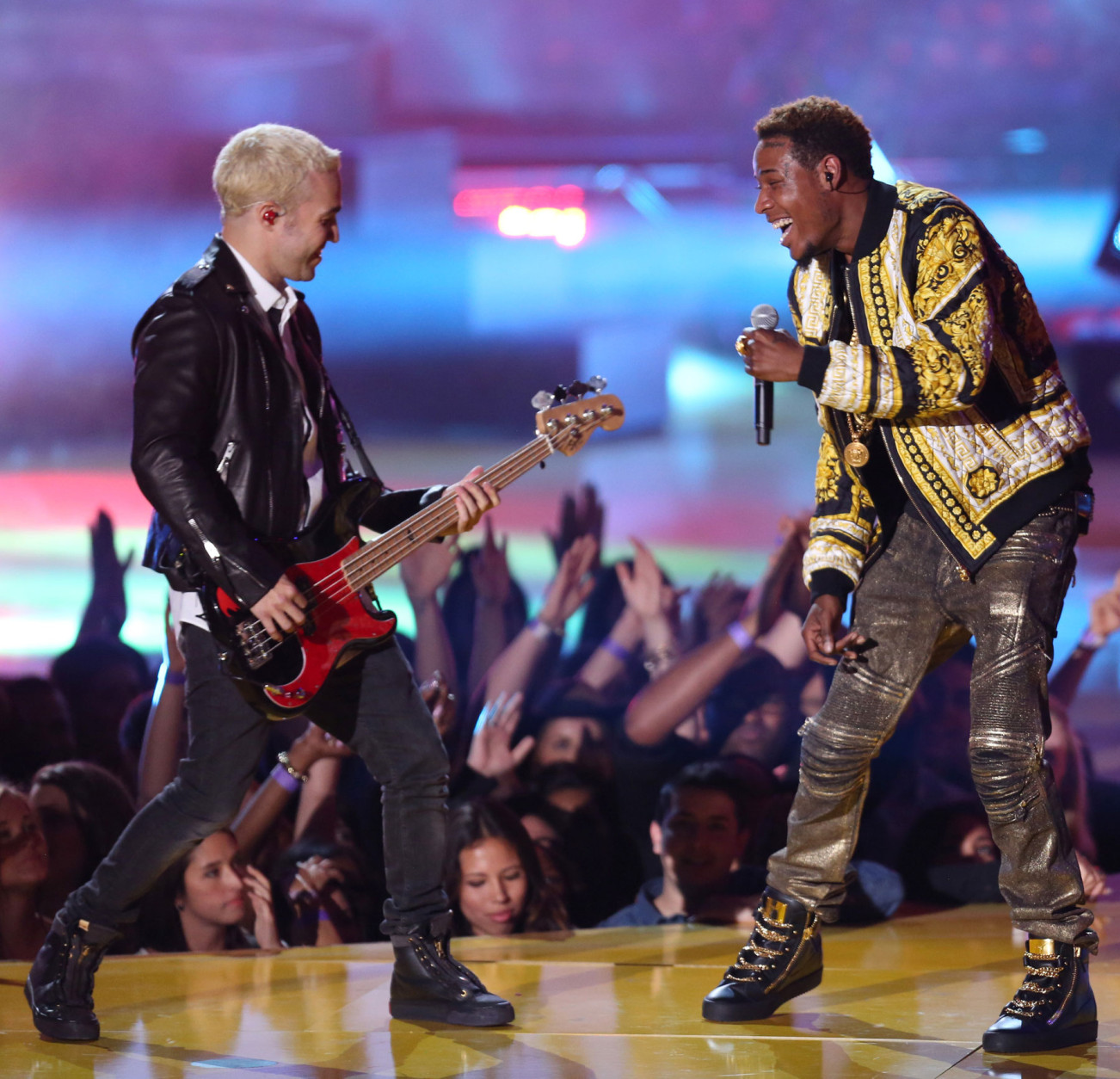 Pete Wentz, left, and Fetty Wap perform at the MTV Movie Awards at the Nokia Theatre on Sunday, April 12, 2015, in Los Angeles. (Photo by Matt Sayles/Invision/AP)