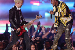 Pete Wentz, left, and Fetty Wap perform at the MTV Movie Awards at the Nokia Theatre on Sunday, April 12, 2015, in Los Angeles. (Photo by Matt Sayles/Invision/AP)