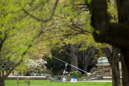 A small helicopter sits on the West Lawn of the Capitol in Washington, Wednesday, April 15, 2015. ?The U.S. Capitol Police is investigating a gyro copter with a single occupant that has landed on the grassy area of the West Lawn of t?he U.S. Capitol. The U.S. Capitol Police continues to investigate with one person detained and temporary street closures in the immediate area.  (AP Photo/Andrew Harnik)