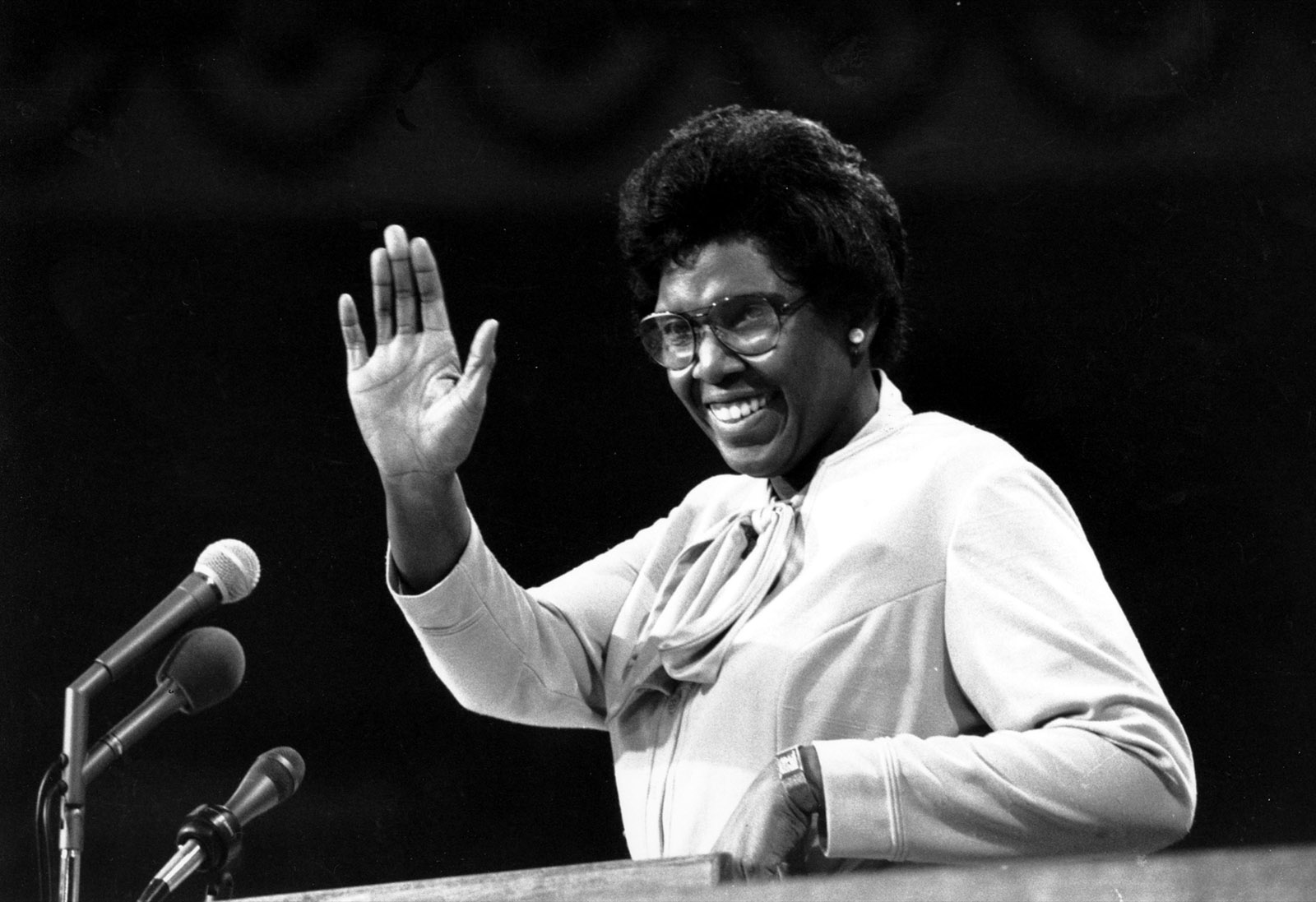 FILE - In this July 12, 1976, file photo, Rep. Barbara Jordan of Texas waves as she speaks to the Democratic National Convention in New York City. Clint Eastwood gave the Republicans some offbeat remarks to remember in 2012. Will the Democrats come up with any memorable lines? Some past Democratic convention speeches that live on include Jordan becoming the first black and first woman to deliver the party's keynote address: "My presence here is one additional bit of evidence that the American Dream need not be forever deferred," she said. (AP Photo/File)