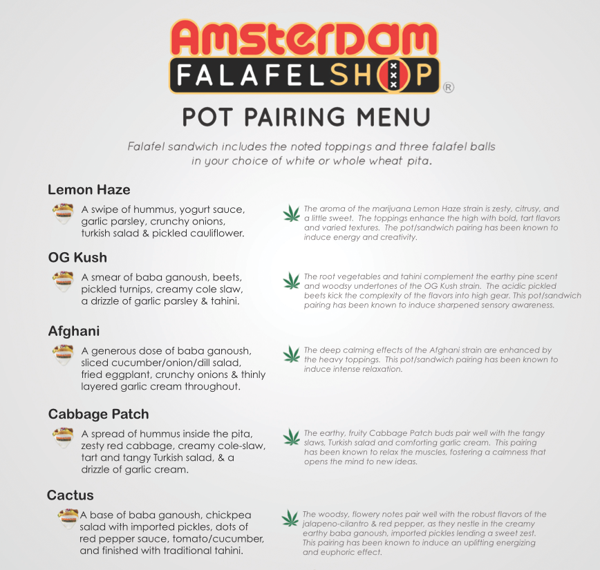 Take a look at Amsterdam Falafelshop’s pot-pairing menu (Courtesy Amsterdam Falafel Shop)