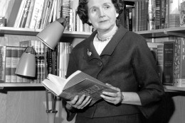 Holding her controversial book "Silent Spring," Rachel Carson stands in her library in Silver Springs, Md. on March 14, 1963.  She says she "wanted to bring to public attention"  her charges that pestacides are destroying wildlife and endangering the environment.  (AP Photo)