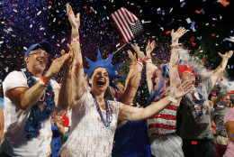 A crowd celebrates during the finale of the Boston Pops Fourth of July Concert at the Hatch Shell in Boston, Thursday, July 4, 2013. (AP Photo/Michael Dwyer)