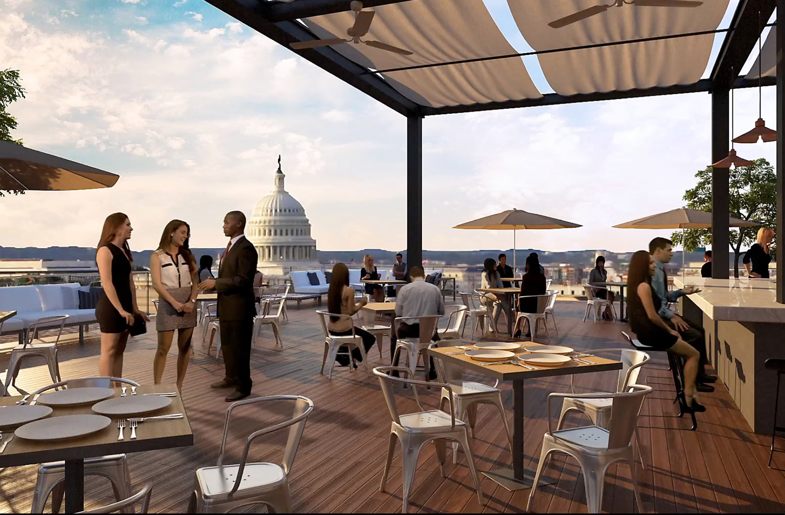 A view of the rooftop terrace at 200 F Street  with a view of the U.S. Capitol The building will be constructed as part of the new Capitol Crossing development. The $1.3 billion project will include 5 structures and will be built on top of Interstate 395 (Courtesy Property Group Partners)