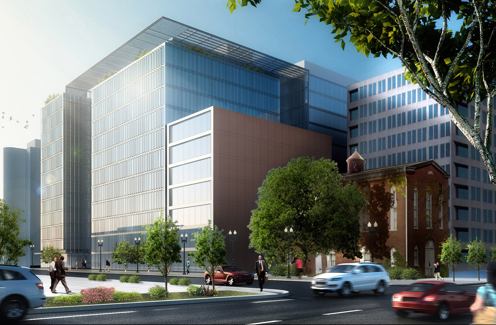 A view of the planned building at 200 F Street  seen from 3rd and F streets. The building will be constructed as part of the new Capitol Crossing development. The $1.3 billion project will include 5 structures and will be built on top of Interstate 395 (Courtesy Property Group Partners)