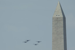 World War II vintage aircrafts during a flyover over Washington, Friday, May 8, 2015, marking the 70th anniversary of the end of the war in Europe on May 8, 1945, and commemorate the Allied victory in Europe during World War II. (AP Photo/Manuel Balce Ceneta)