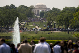 People gather at the Thomas Jefferson Memorial, in the distance, and the South Lawn of the White House, foreground, Friday, May 8, 2015, in Washington, to watch Vintage military aircraft from World War II fly over to mark the 70th anniversary of Victory in Europe Day. (AP Photo/Carolyn Kaster)