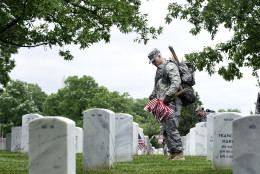 Members of the Old Guard place a flag in front of each headstone at Arlington National Cemetery in Arlington, Va., Thursday, May 21, 2015. Flags-In is a time honored tradition that is reserved for Soldiers of the 3rd U.S. Infantry Regiment (The Old Guard).  Since The Old Guards designation as the Armys official ceremonial unit in 1948, they have conducted this mission annually at Arlington National Cemetery prior to Memorial Day to honor our nations fallen military heroes. (AP Photo/Susan Walsh)