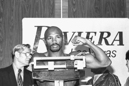 Undisputed middleweight champion Marvelous Marvin Hagler shows off his muscle during weigh-in on March 30, 1984 in Las Vegas for his championship fight with WBA number one contender Juan Roldan of Argentina at Riviera Hotel Friday night. Hagler and Roldan both weighed 159 ? pounds. (AP Photo/ Lennox McLendon)