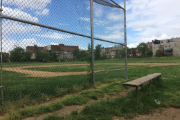 A pair of baseball fields at a youth center in the Upton neighborhood are overgrown and unkempt, as tee ball season doesn't begin until mid-May. (WTOP/Noah Frank)