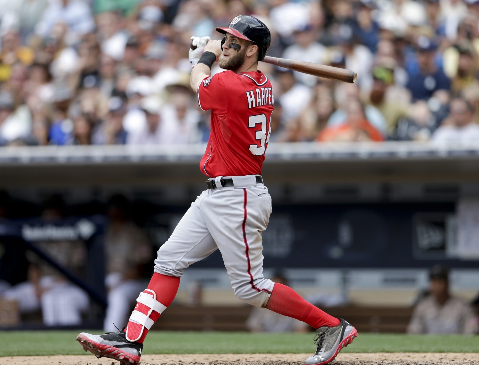 Washington Nationals' Bryce Harper hits a three-run home run during the seventh inning in a baseball game against the San Diego Padres, Sunday, May 17, 2015, in San Diego. (AP Photo/Gregory Bull)