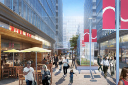 This artist's rendering shows the retail promenade between 200 and 250 Massachusetts Avenue. The new buildings will be constructed as part of the $1.3 billion Capitol Crossing. (Courtesy Property Group Partners)