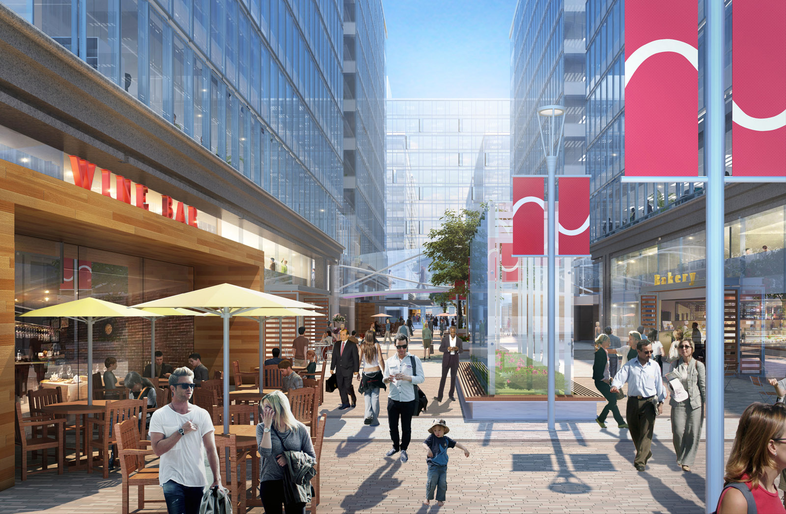 This artist's rendering shows the retail promenade between 200 and 250 Massachusetts Avenue. The new buildings will be constructed as part of the $1.3 billion Capitol Crossing. (Courtesy Property Group Partners)