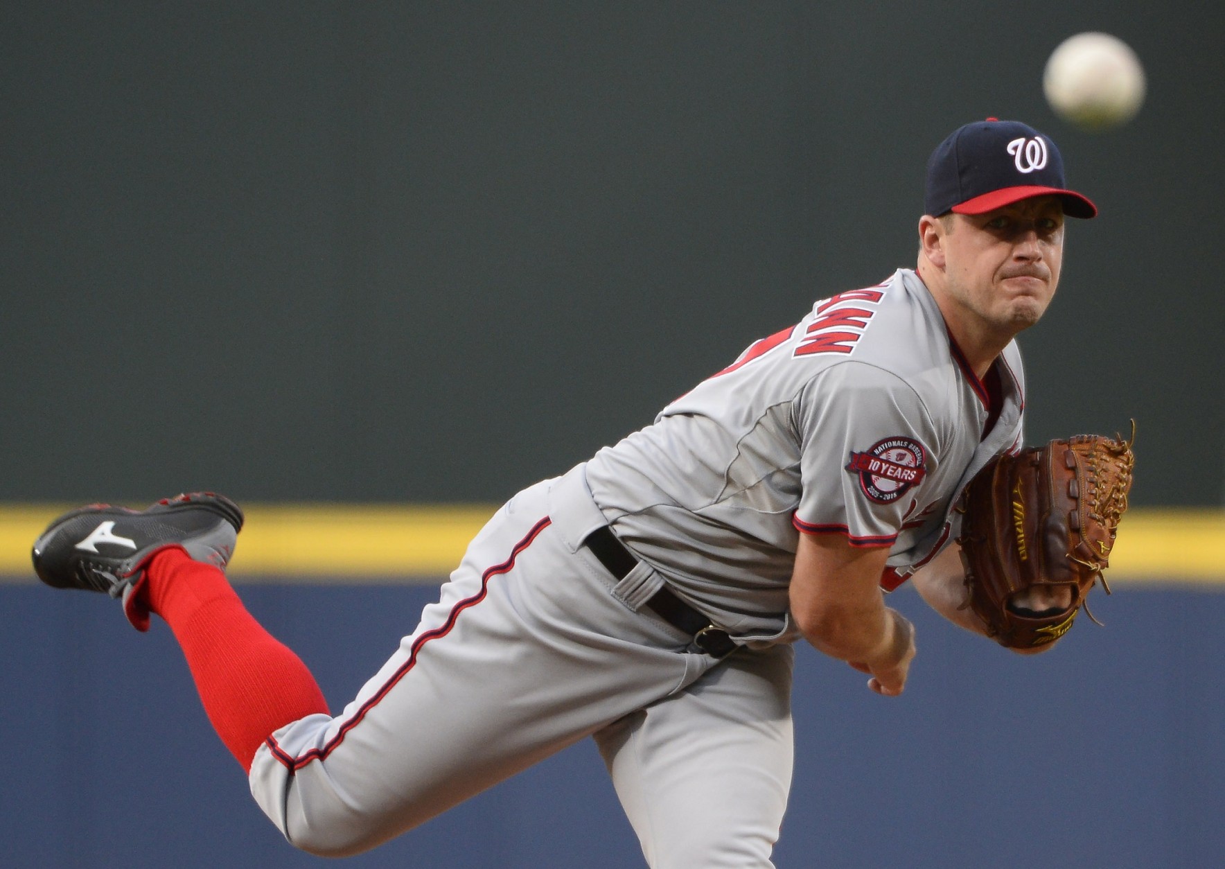 Washington Nationals starting pitcher Jordan Zimmermann delivers to the Atlanta Braves during the first inning of a baseball game Wednesday, April 29, 2015, in Atlanta. (AP Photo/David Tulis)