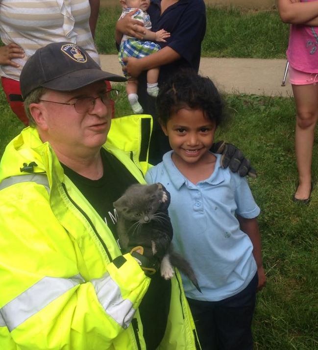 Firefighters too big, but girl just right to rescue kitten