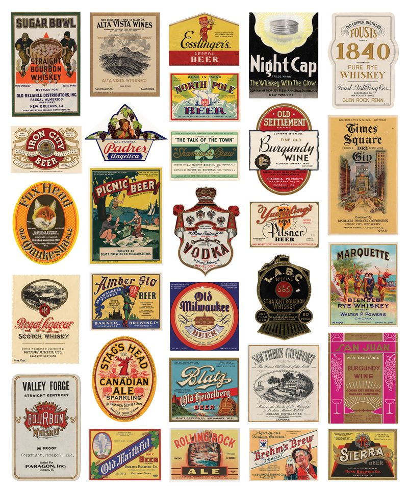 Labels of spirits, wine and beer at the "Spirited Republic" exhibit at the National Archives. (Courtesy National Archives)