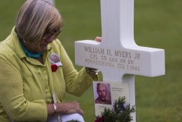 Billie Ann Myers Meeks visits her father's final resting place at Netherlands American Cemetery. Cpl. William H. Myers, Jr., was killed February 3, 1945. Image courtesy of the American Battle Monuments Commission/Michael Shipman. 