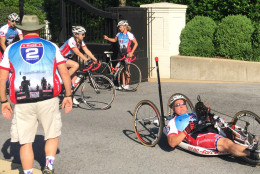 XXXX rides a specially designed bike to accommodate his injured knees. (WTOP/Kristi King)
