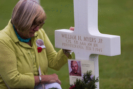 Billie Ann Myers Meeks visits her father's final resting place at Netherlands American Cemetery. Cpl. William H. Myers, Jr., was killed February 3, 1945. Image courtesy of the American Battle Monuments Commission/Michael Shipman. 
