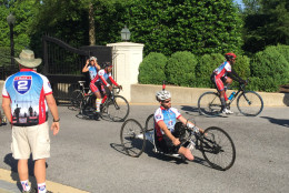 Wounded warrior cyclist Stefan Leroy of Vienna, Virginia, prepares to participate in the Ride2Recovery from the vice president's mansion to Virginia Beach Monday morning. (WTOP/Kristi King)