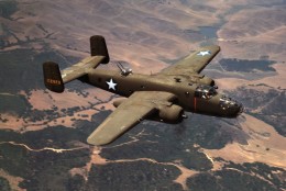 A U.S. Army Air Force North American B-2C Mitchell bomber in flight near Inglewood, California in October 1942. (Credit: Image by Mark Sherwood, U.S. Navy)
