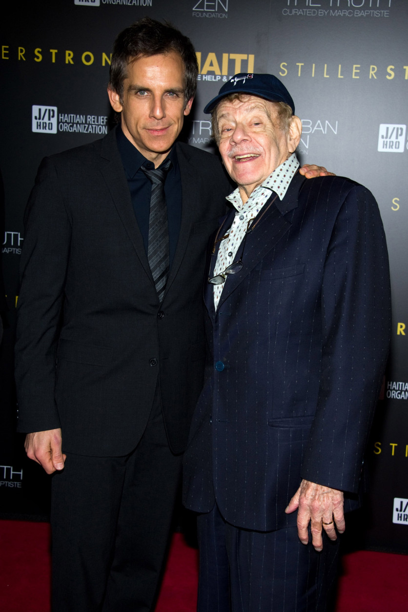 Ben Stiller, left, and his father Jerry Stiller arrive at the Help Haiti benefit honoring Sean Penn hosted by the Stiller Foundation and The J/P Haitian Relief Organization, in New York, Friday, Feb. 11, 2011. (AP Photo/Charles Sykes)