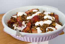 This image taken on Feb. 13, 2012 in Concord, N.H. features a Spiced Plum Crisp dish. A good place to start when looking for more healthy desserts is fruit, which not only packs plenty of its own no-added-sugar sweetness, it also tends to have gobs of fiber and nutrients. (AP Photo/Matthew Mead)