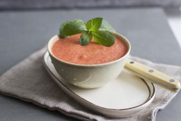 This July 28, 2014, photo shows watermelon gazpacho in Concord, N.H. The recipe was inspired by one in Yotam Ottolenghi's upcoming cookbook "Plenty More." (AP Photo/Matthew Mead)