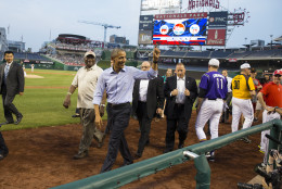 President Barack Obama smiles as he makes a visit to the Congressional baseball game at Nationals Park, on Thursday, June 11, 2015, in Washington (AP Photo/Evan Vucci)