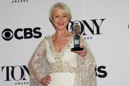 Helen Mirren poses in the press room with the award for best performance by an actress in a leading role in a play for The Audience at the 69th annual Tony Awards on Sunday, June 7, 2015, in New York. (Photo by Evan Agostini/Invision/AP)
