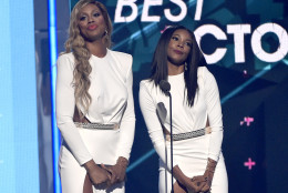 Laverne Cox, left, and Gabrielle Union present the award for best actor at the BET Awards at the Microsoft Theater on Sunday, June 28, 2015, in Los Angeles. (Photo by Chris Pizzello/Invision/AP)