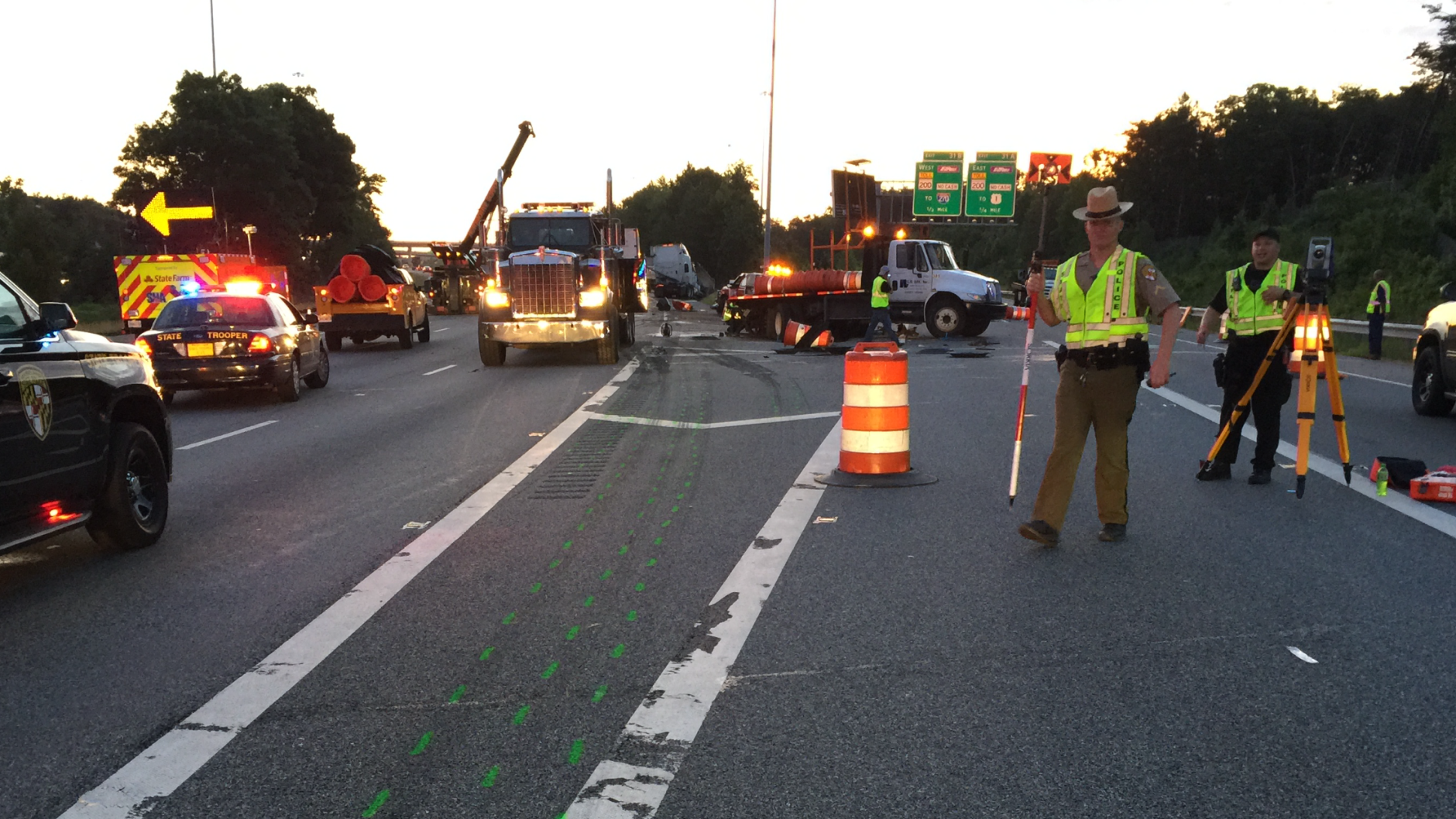 Green paint tracks the impact area of the fatal wreck in Beltsville. (WTOP/Kristi King)