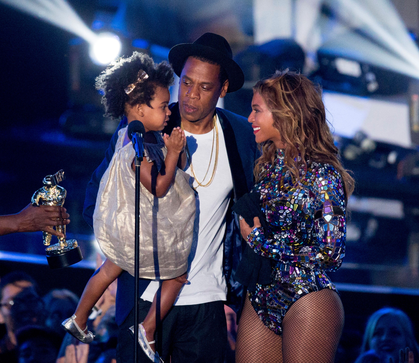 INGLEWOOD, CA - AUGUST 24:  Rapper Jay Z and singer Beyonce with daughter Blue Ivy Carter onstage during the 2014 MTV Video Music Awards at The Forum on August 24, 2014 in Inglewood, California.  (Photo by Mark Davis/Getty Images)