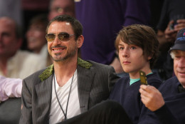 LOS ANGELES, CA - MAY 04:  Robert Downey Jr. (L) and his son Indio Downey (R) attend the Los Angeles Lakers against Utah Jazz playoff game at the Staples Center on May 4, 2008 in Los Angeles, California.  (Photo by Noel Vasquez/Getty Images)