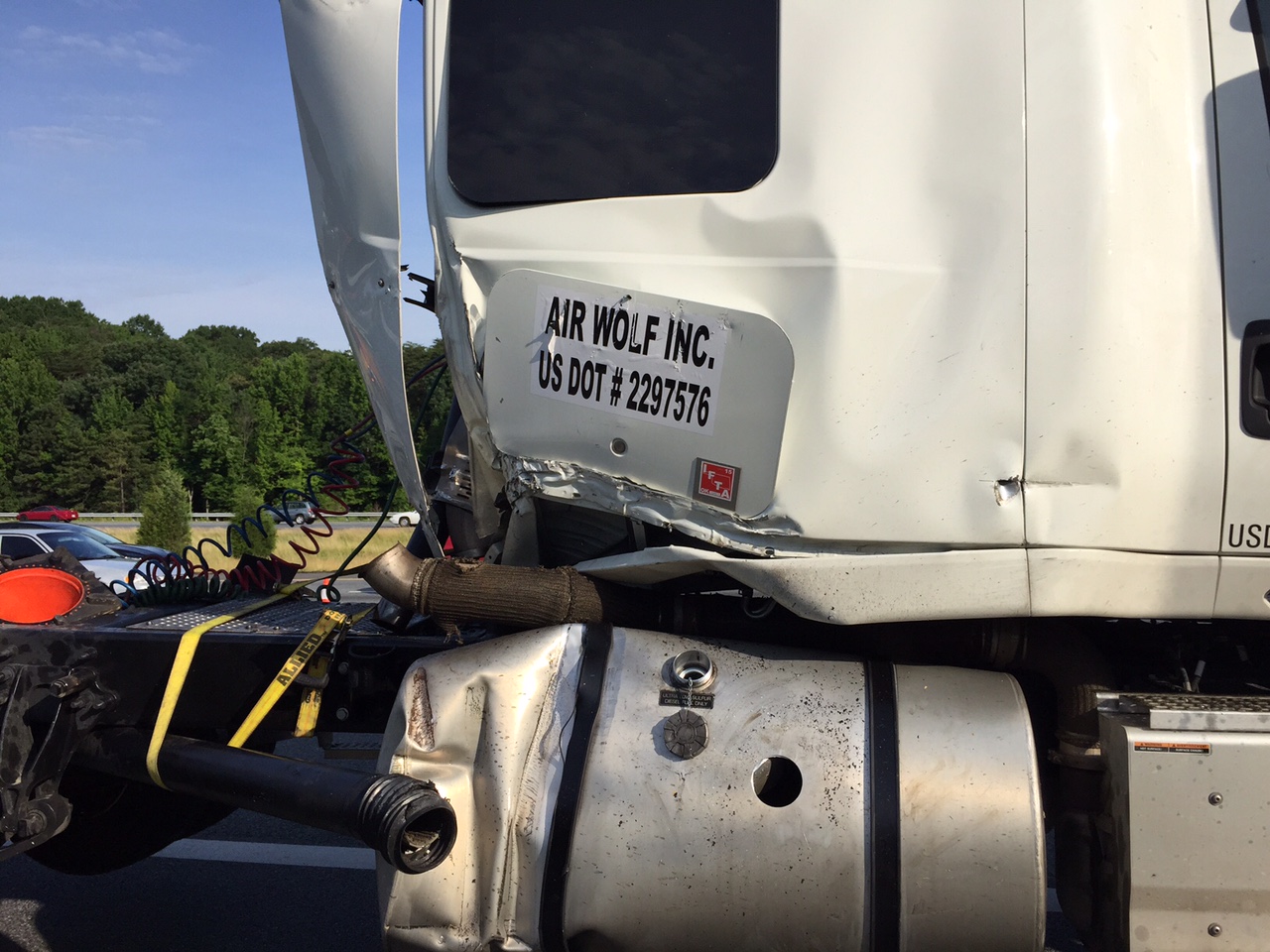 The cab of the truck involved in the fatal crash on I-95 in Beltsville. (WTOP/Kristi King)