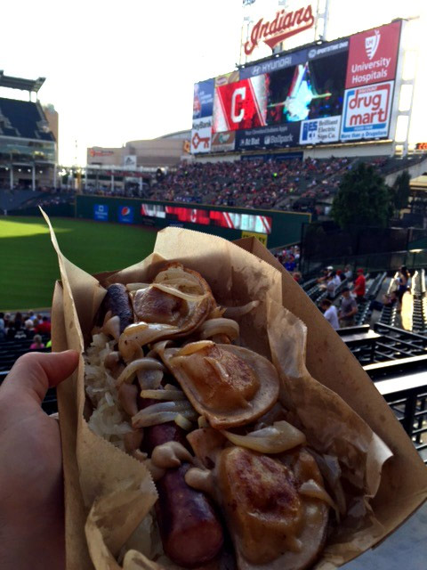 In Cleveland a hot dog must come with pierogis. And the Indians' Thomenator dog doesn't disappoint. Named for Jim Thome, this dog also comes with sauerkraut and grilled onions on a 10-inch Sugardale frank. Some Bertman Ballpark Mustard is a must, says Tom Lohr. On the Hot Dog Explorer scale, the Thomenator ranked 29 out of 30. (Courtesy Tom Lohr)