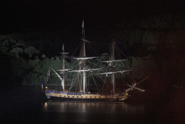 The Hermione is seen docked in the Potomac River during the Moet Hennessy Celebration of the Hermione Voyage 2015 at George Washington's Mount Vernon on Tuesday, June 9, 2015, in Mount Vernon, Va. (Photo by Donald Traill/Invision for Moet Hennessy/AP Images)