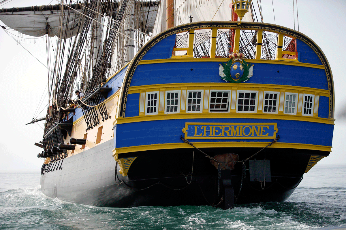 The three masts of the 213 feet long frigate Hermione sails at La Rochelle, southwest France, as part of preparation of a trip to America, Wednesday, April 15, 2015. The replica of the frigate Hermione, which, in 1780, allowed La Fayette to cross the Atlantic to America and join the American rebels in their struggle for independence aims to cross the Atlantic and will sets off on Saturday. (AP Photo/Francois Mori)