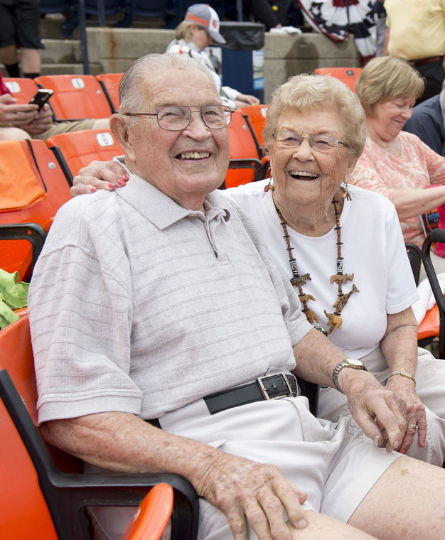 J. Elwood and Bernadine Hummer enjoy a Frederick Keys game with friends and family. (Frederick News-Post/Bill Green)
