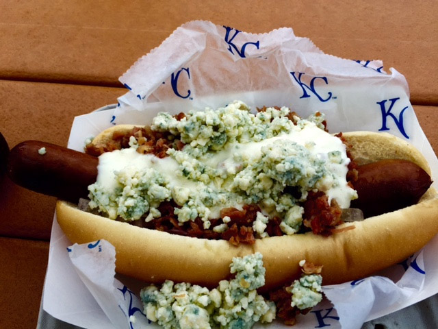 In Kansas City, the royal bacon blue dog comes with pungent, powerful blue cheese crumbles, blue cheese dressing, chopped bacon and red onion. Hot Dog Explorer ranking: 25.5. (Courtesy Tom Lohr)