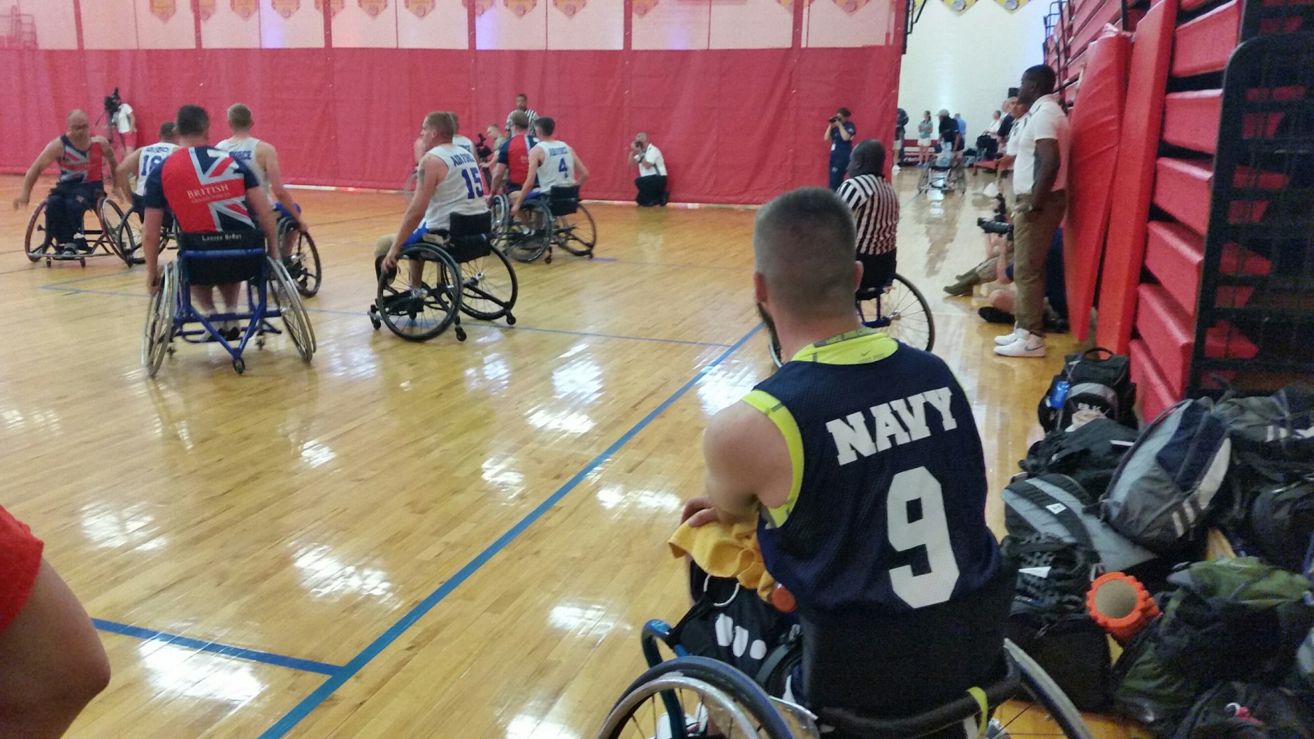The 2015 Warrior Games kicked off Saturday with a wheelchair basketball competition between the  US Air Force and British armed forces. (WTOP/Kathy Stewart)