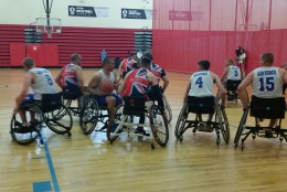 The 2015 Warrior Games kicked off Saturday with a wheelchair basketball competition between the  US Air Force and British armed forces. (WTOP/Kathy Stewart)