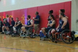 The 2015 Warrior Games kicked off Saturday with a wheelchair basketball competition between the US Air Force and British armed forces. (WTOP/Kathy Stewart)